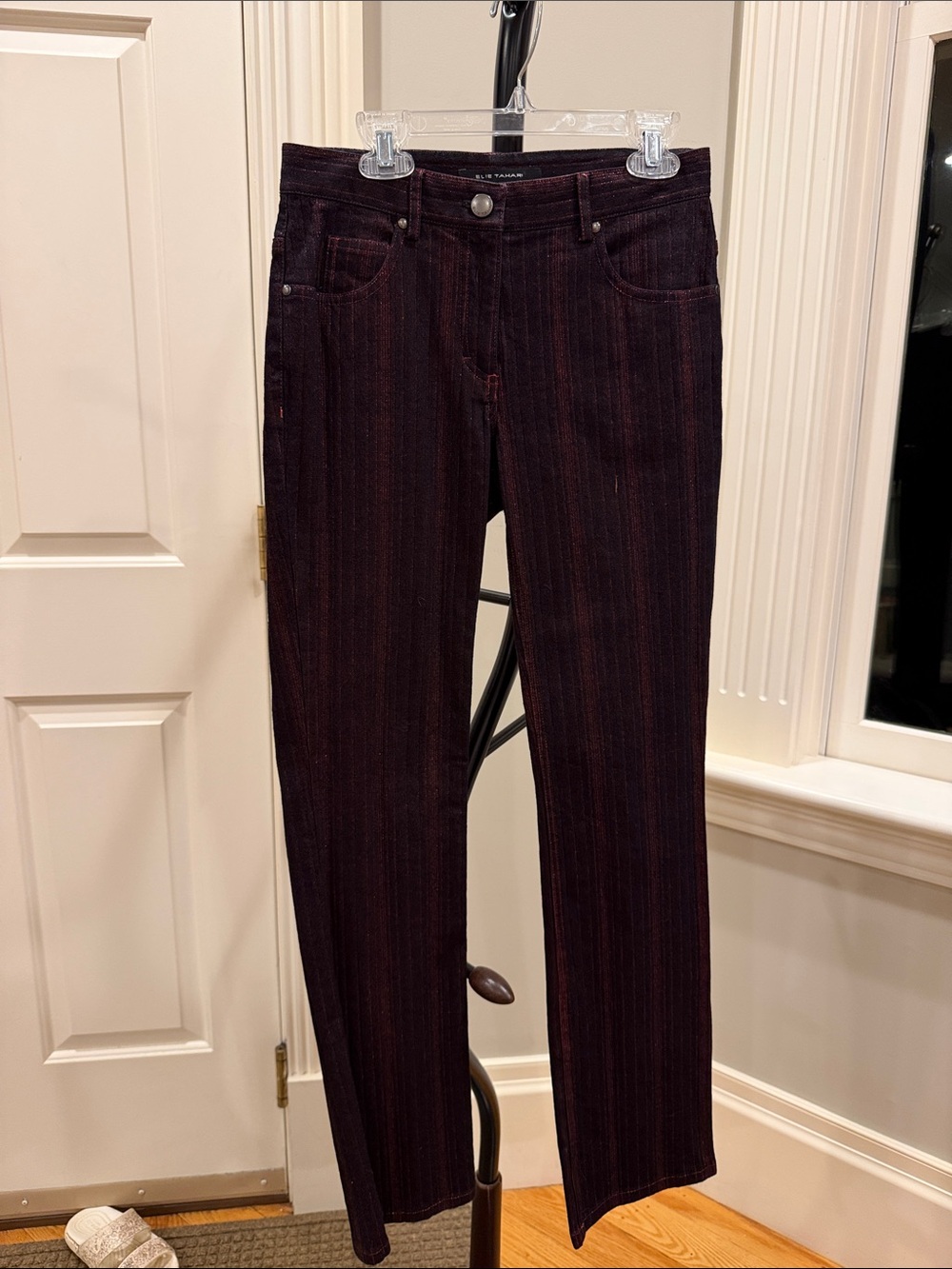 Elie Tahari Dark Burgundy Stripe Straight-Leg Jeans
